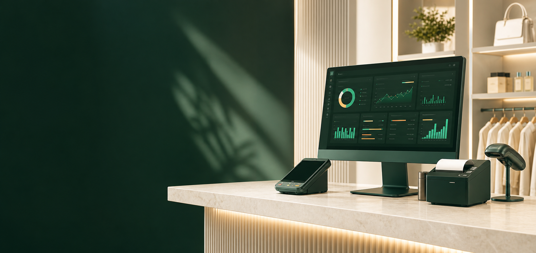 Eazoria POS and ERP dashboard with barcode scanner, payment terminal and receipt printer